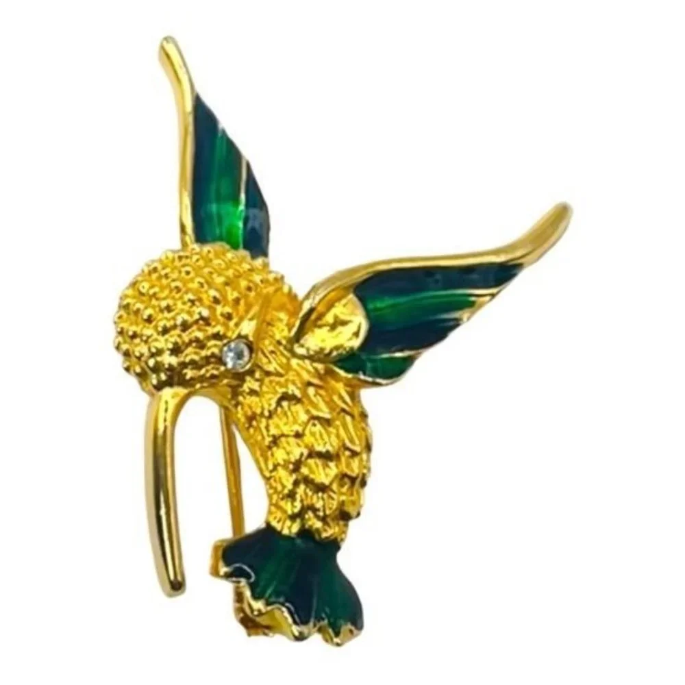 Vintage 1980s Gold Tone Hummingbird Brooch Blue Green Enamel Rhinestone Eye - Picture 3 of 7